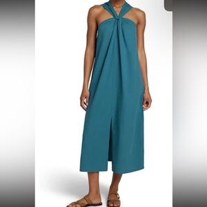 FAHERTY Bay Twist Seersucker Halter Dress Colonial Blue